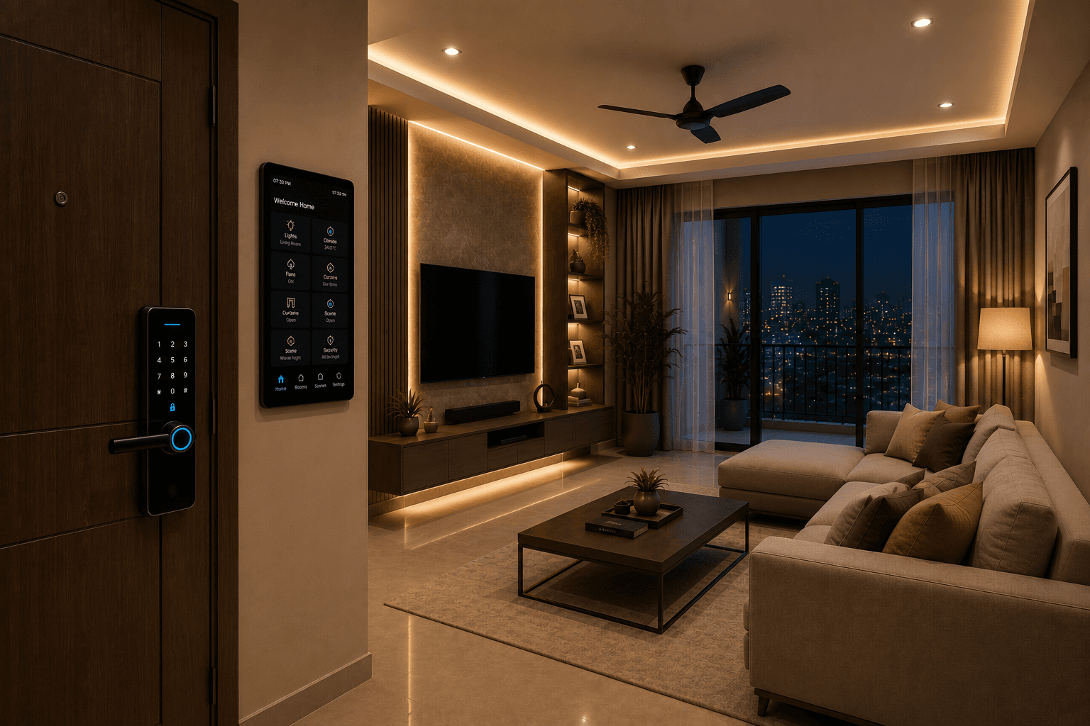 Luxury living room with ambient smart lighting